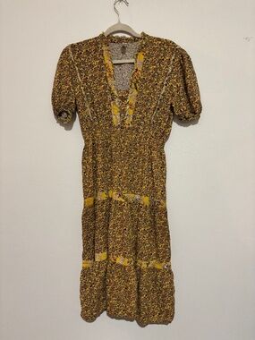 Lapis Yellow Floral Tiered Midi Dress Size Large Boho Cottagecore